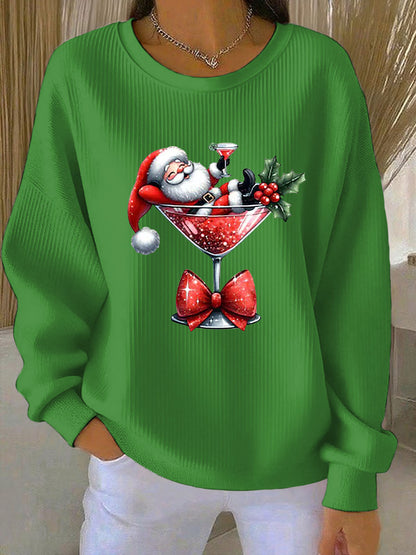 Women's Santa Claus Printed Ribbed Round-Neck Sweatshirt