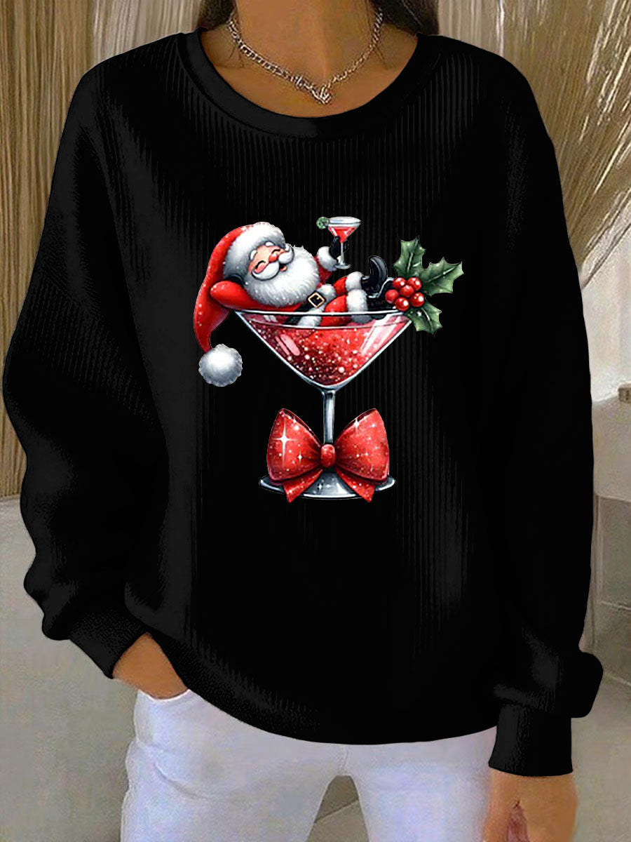 Women's Santa Claus Printed Ribbed Round-Neck Sweatshirt