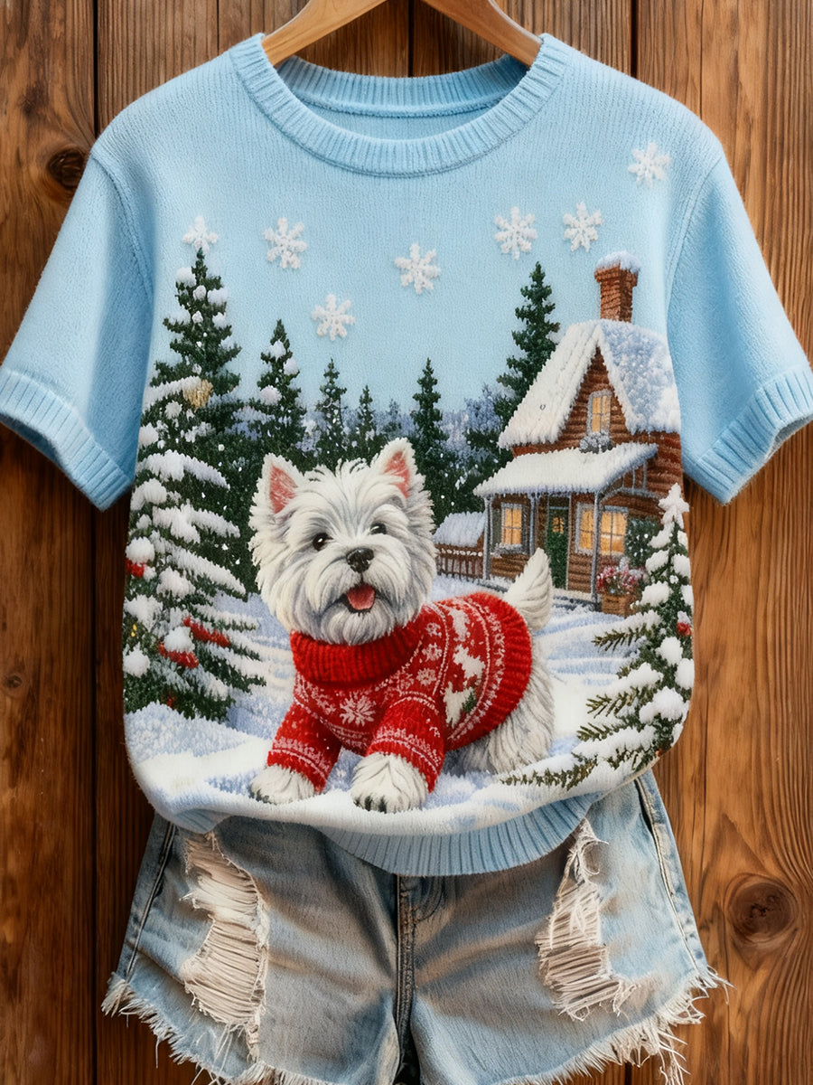 Women's Retro Christmas Animal Art Print Comfortable Knit Short-Sleeve Top