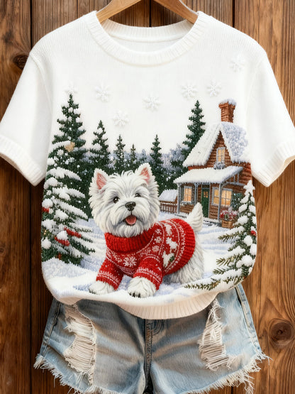 Women's Retro Christmas Animal Art Print Comfortable Knit Short-Sleeve Top