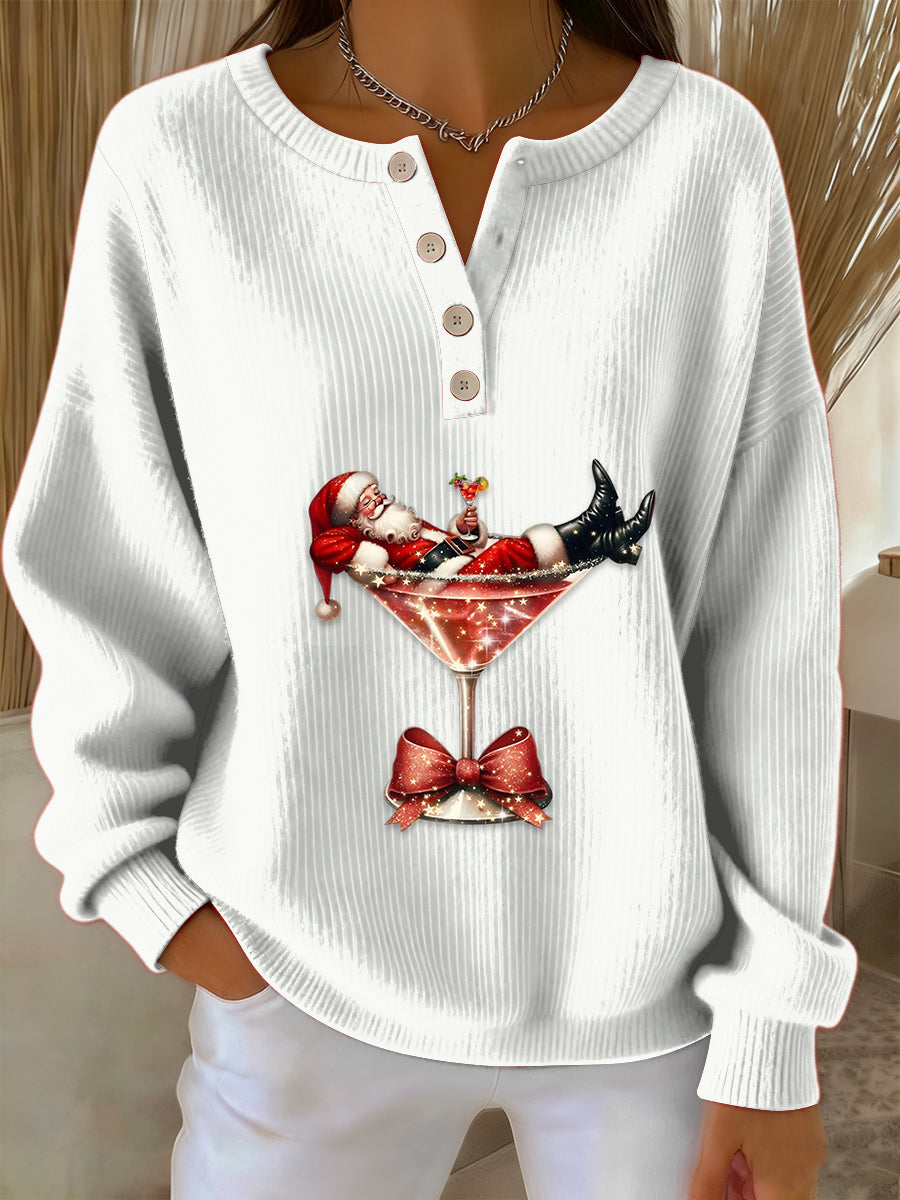 Women's Vintage Christmas Santa Claus Cocktail Print Long-sleeve Sweater