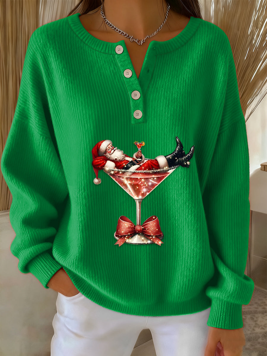 Women's Vintage Christmas Santa Claus Cocktail Print Long-sleeve Sweater