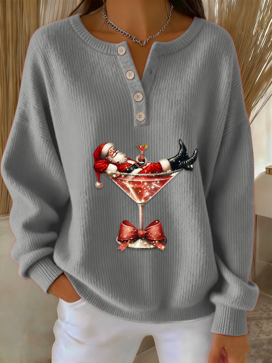 Women's Vintage Christmas Santa Claus Cocktail Print Long-sleeve Sweater