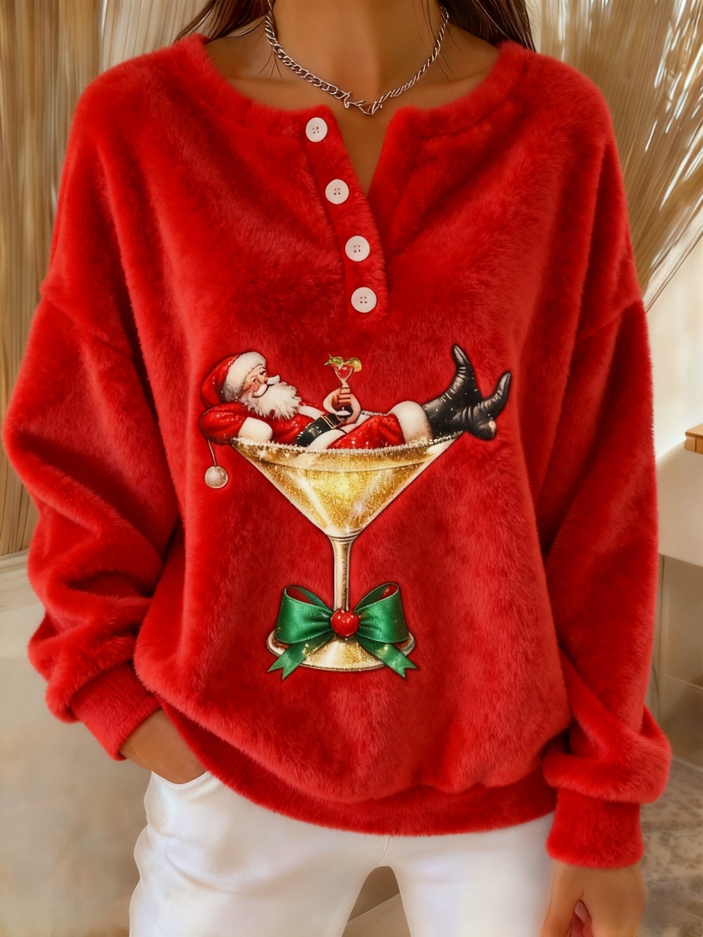 Women's Vintage Christmas Santa Claus Cocktail Print Comfortable Flannel Sweatshirt