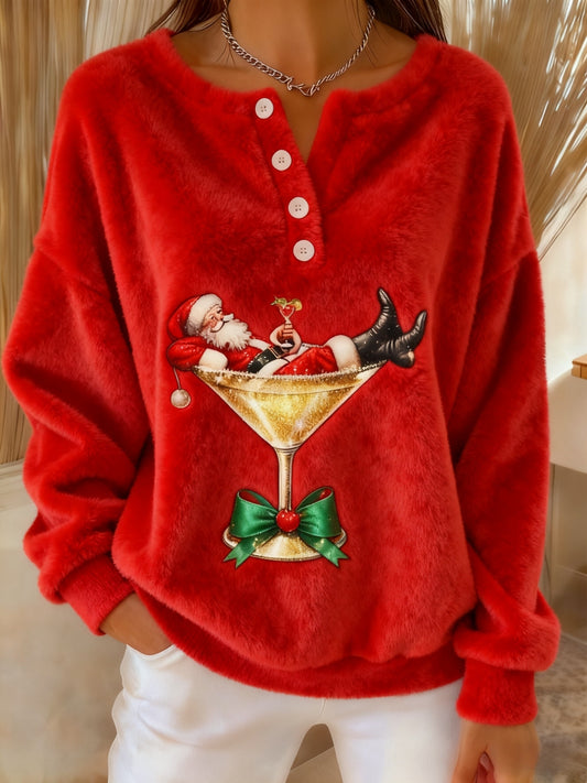 Women's Vintage Christmas Santa Claus Cocktail Print Comfortable Flannel Sweatshirt