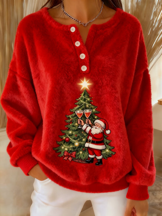 Women's Vintage Christmas Tree Santa Claus Cocktail Print Comfortable Flannel Sweatshirt