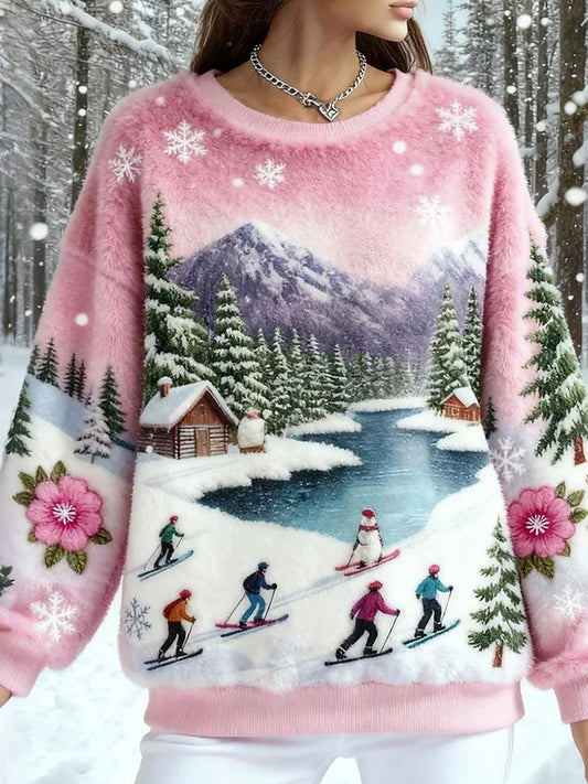 Top Décontracté en Flanelle Imprimé Art de Noël Animal Rétro Femme