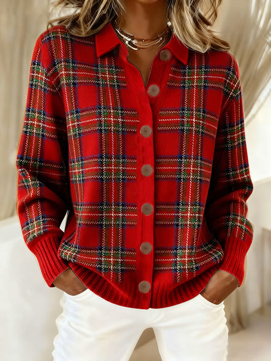 Women's Retro Christmas Plaid Art Print Casual Cardigan