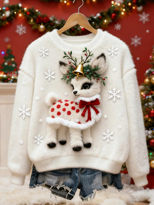 Women's Retro Animal Christmas Art Print Casual Flannel Top