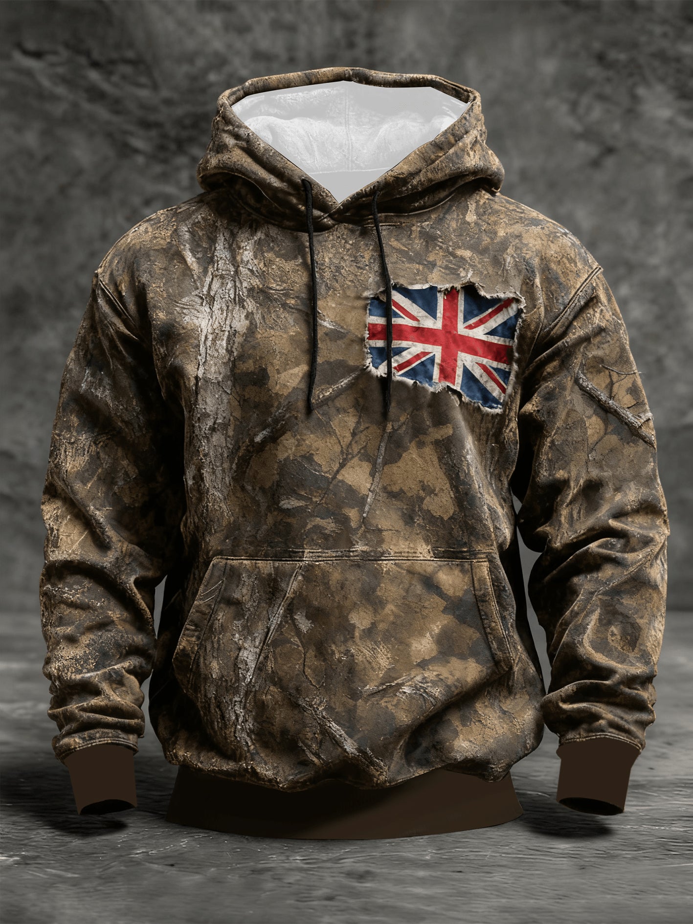 Men's Vintage England Flag Camo Oversized Drop-Shoulder Hoodie with Pockets