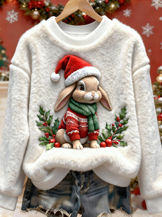 Women's Christmas Cute Pet Printed Long Sleeved Round Neck Plush Sweatshirt