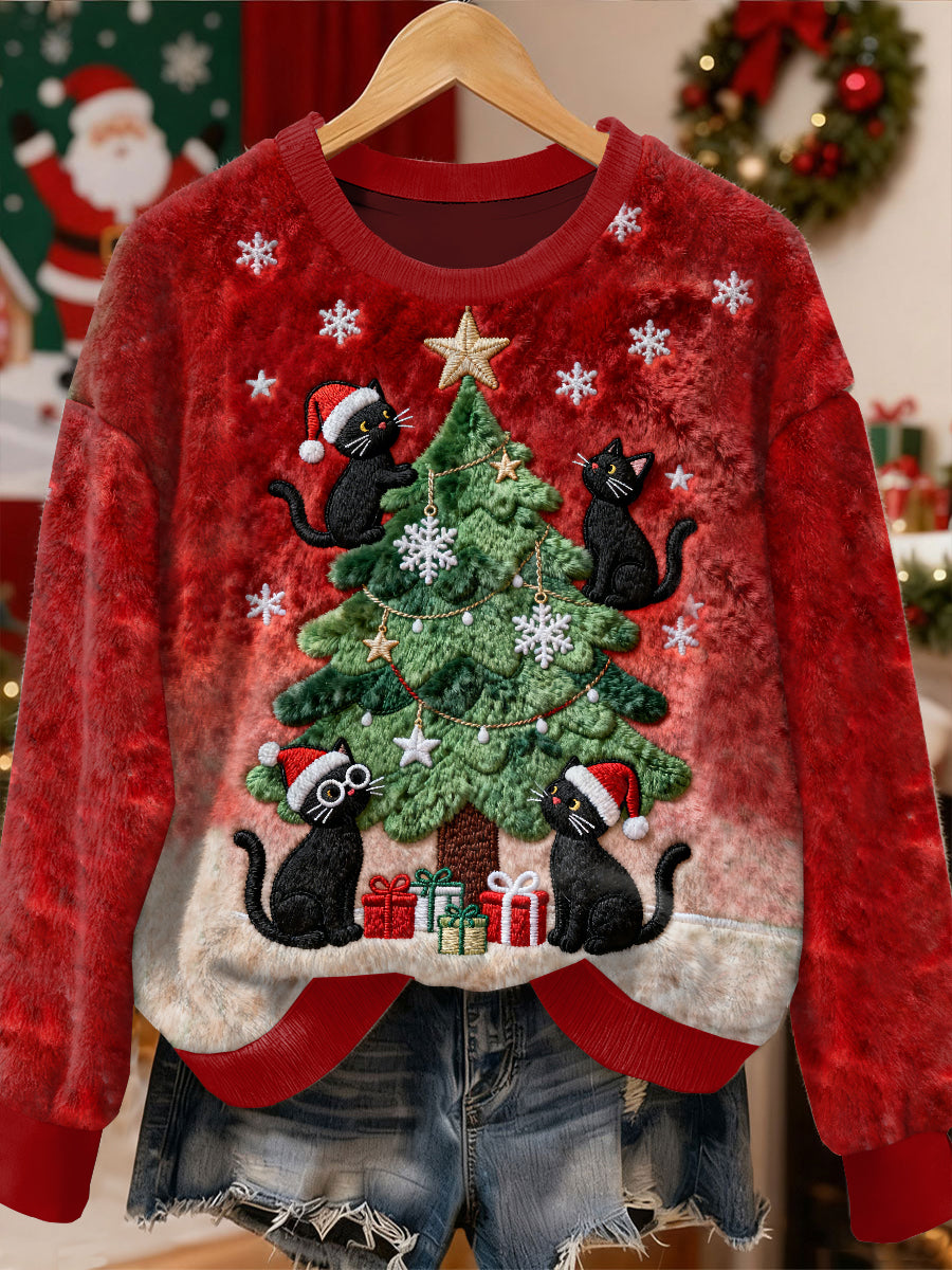 Gorgeous Christmas Black Cat Pattern Casual Long Sleeved Sweatshirt