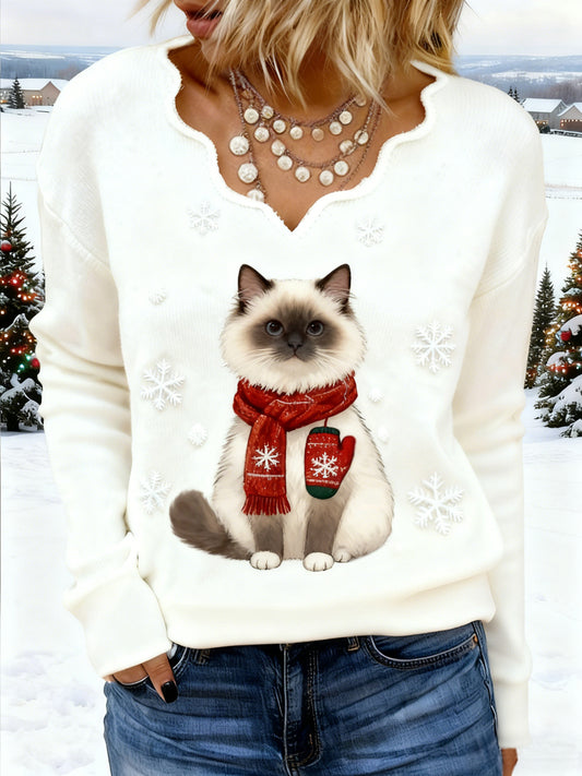 Women's Christmas Cute Ragdoll Cat Print Cat Mom Gift Casual V-Neck Top