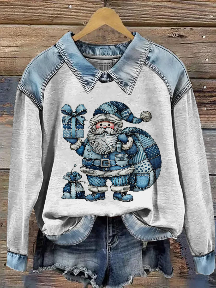 Women's Santa Claus Printed Denim Patchwork Lapel Long Sleeved Sweatshirt
