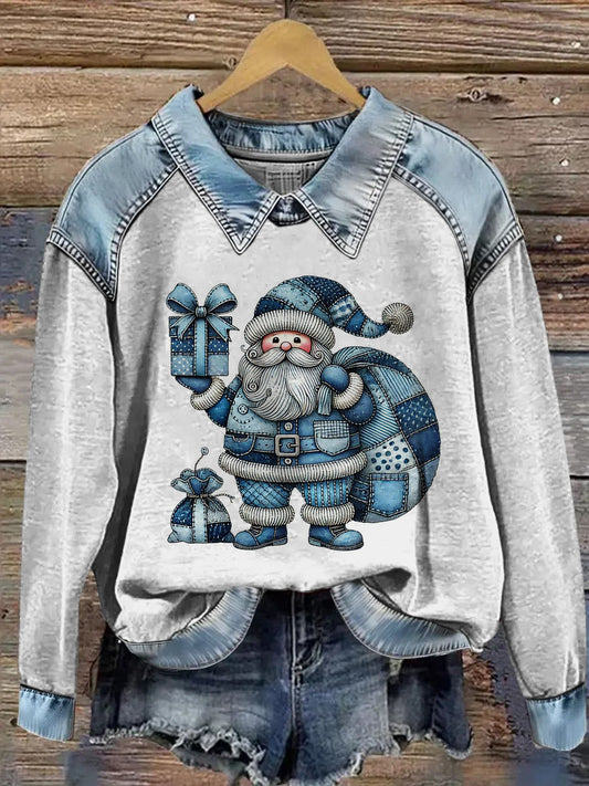 Women's Santa Claus Printed Denim Patchwork Lapel Long Sleeved Sweatshirt