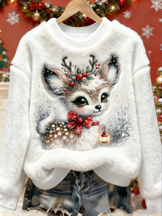 Women's Christmas Reindeer Printed Long Sleeved Round Neck Plush Sweatshirt