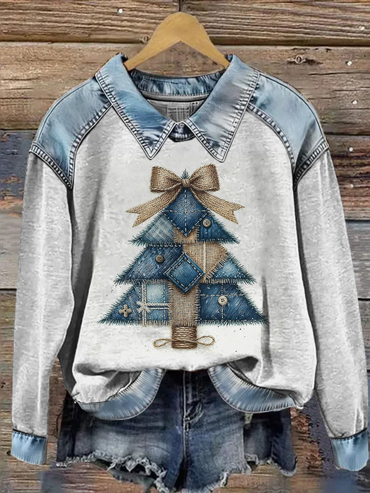 Women's Christmas Tree Printed Denim Patchwork Lapel Long Sleeved Sweatshirt