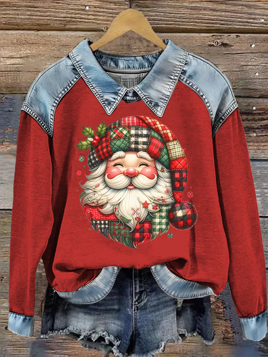 Women's Santa Claus Printed Denim Patchwork Lapel Long Sleeved Sweatshirt