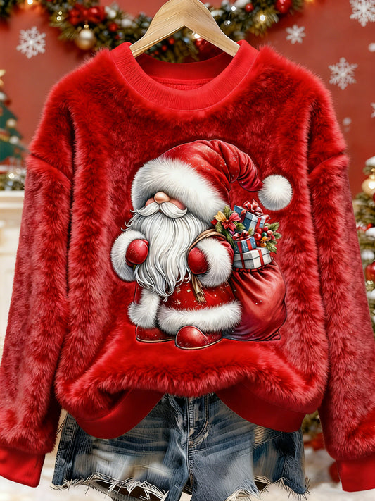 Women's Santa Claus Printed Long Sleeved Round Neck Plush Sweatshirt