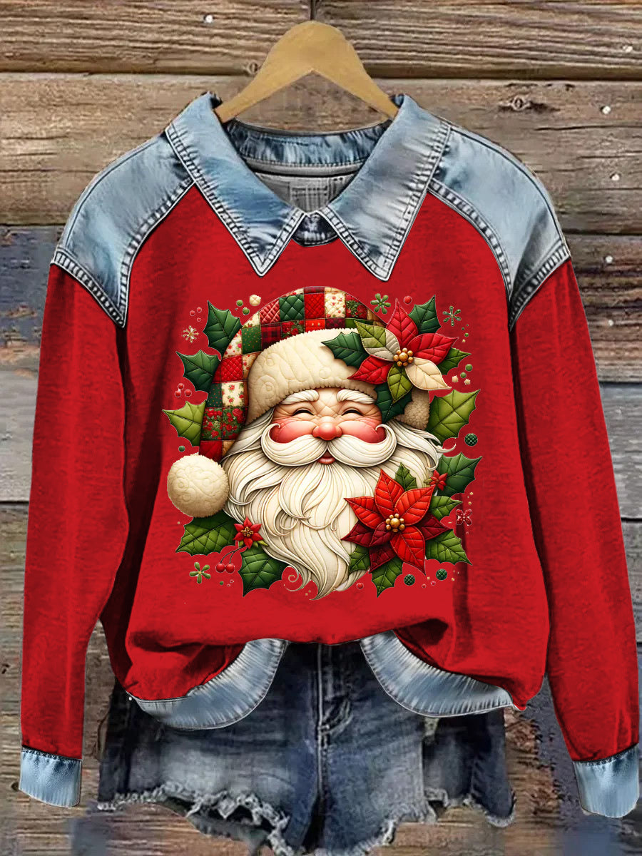 Women's Santa Claus Printed Denim Patchwork Lapel Long Sleeved Sweatshirt