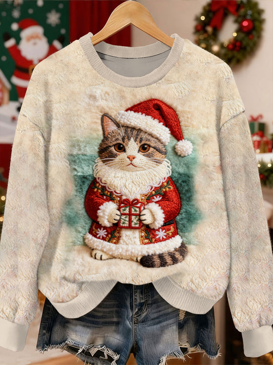 Gorgeous Christmas Cat Pattern Casual Long Sleeved Sweatshirt