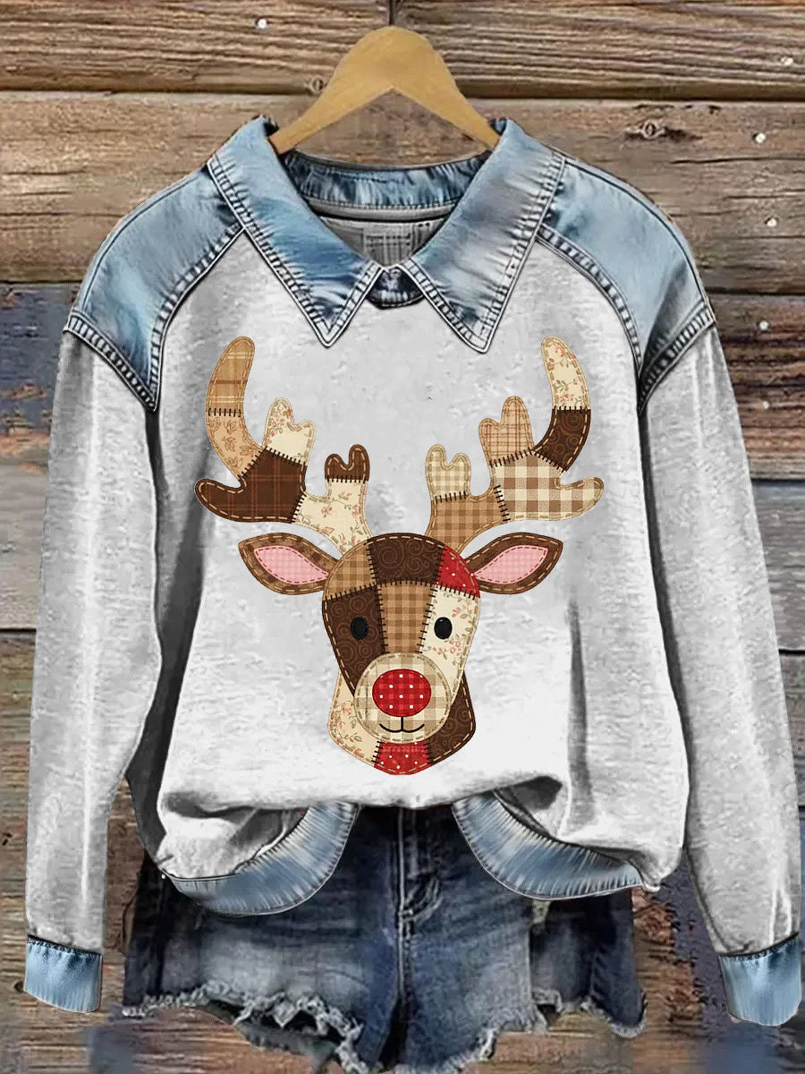 Women's Christmas Reindeer Printed Denim Patchwork Lapel Long Sleeved Sweatshirt