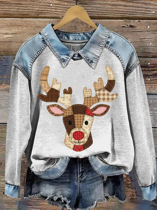 Women's Christmas Reindeer Printed Denim Patchwork Lapel Long Sleeved Sweatshirt