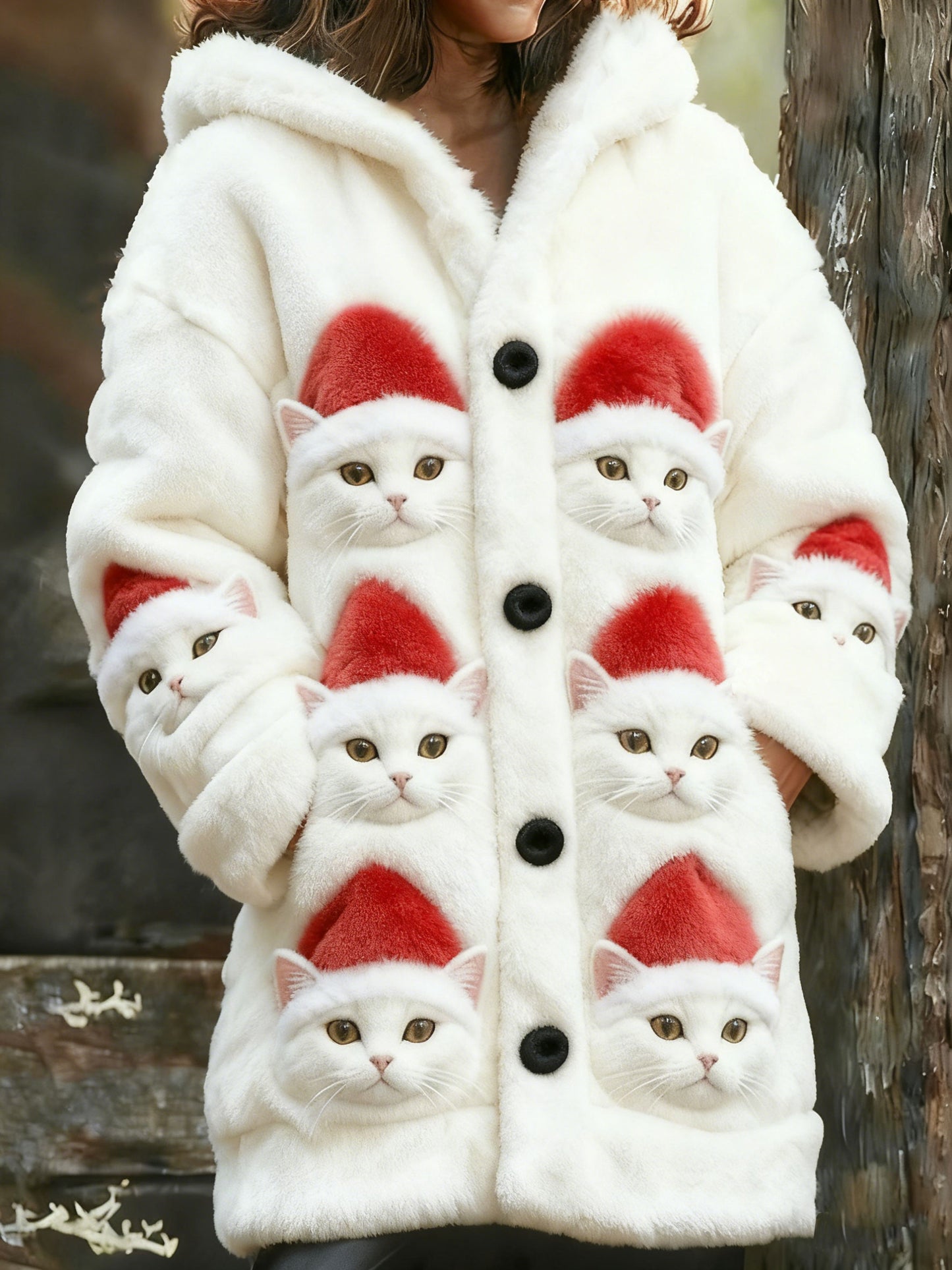 Women's Christmas Cat Art Plush Print Coat