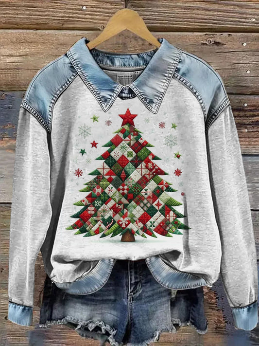 Women's Christmas Tree Printed Denim Patchwork Lapel Long Sleeved Sweatshirt