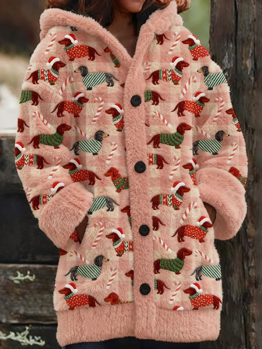 Women's Christmas Dog Art Plush Print Coat