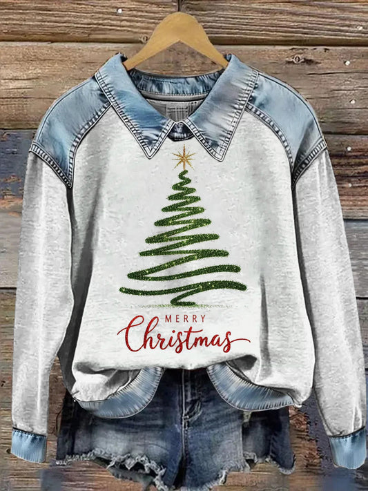 Women's Christmas Tree Printed Denim Patchwork Lapel Long Sleeved Sweatshirt