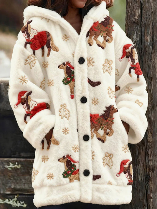 Women's Christmas Artistic Plush Print Coat