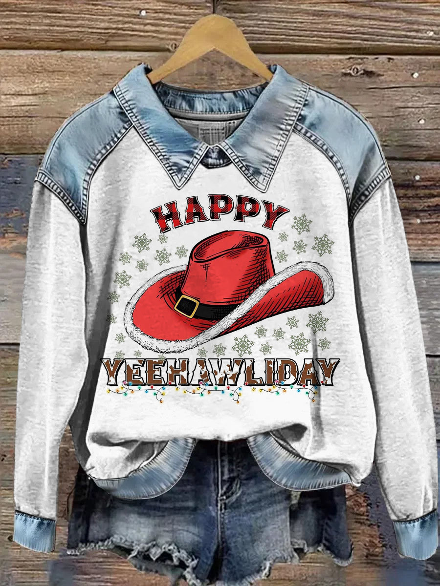 Women's Christmas Hat Printed Denim Patchwork Lapel Long Sleeved Sweatshirt