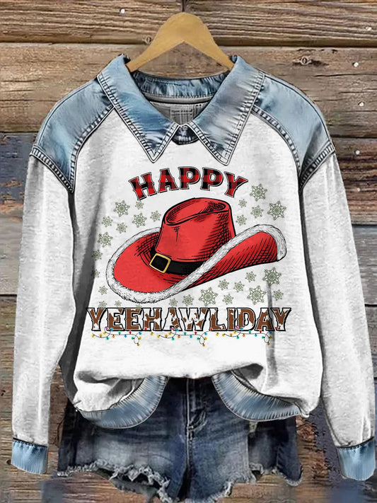 Women's Christmas Hat Printed Denim Patchwork Lapel Long Sleeved Sweatshirt