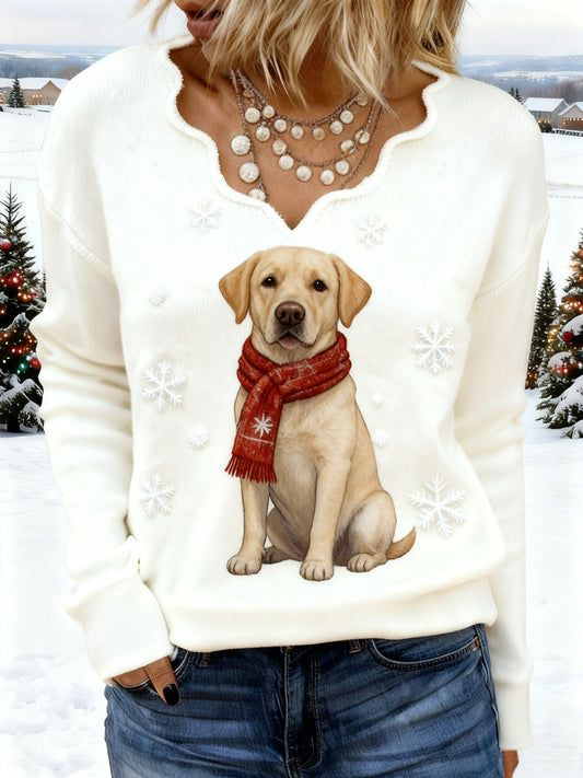 Women's Christmas Cute Labrador Retriever Print Dog Mom Gift Casual V-Neck Top