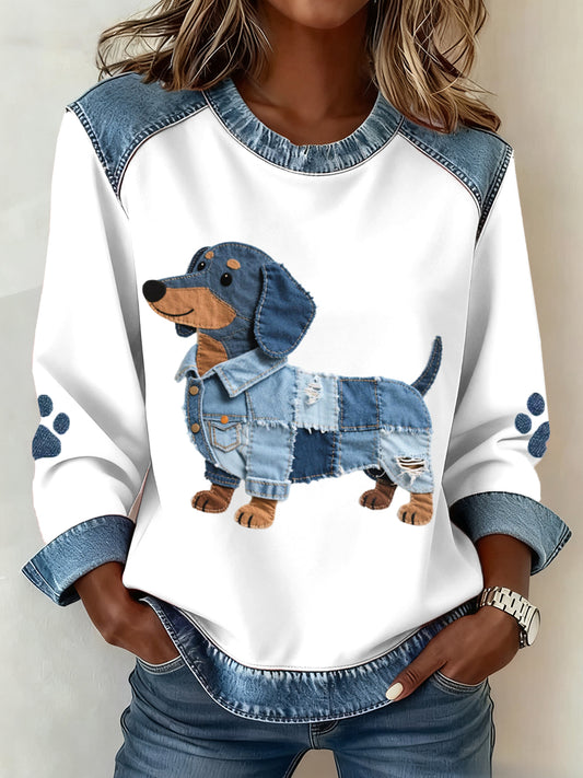 Women's Dachshund Pattern Denim Patchwork Art Sweatshirt