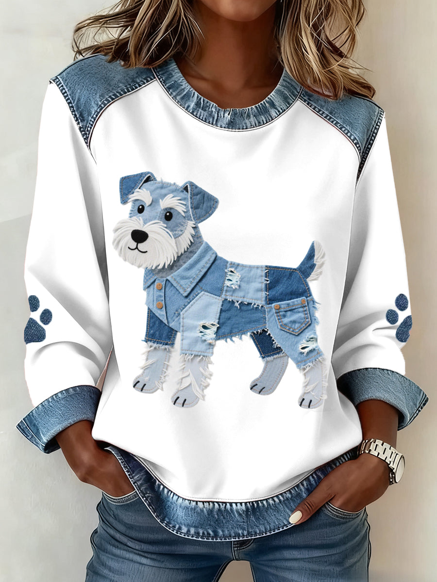 Women's Schnauzer Dog Pattern Denim Patchwork Art Sweatshirt
