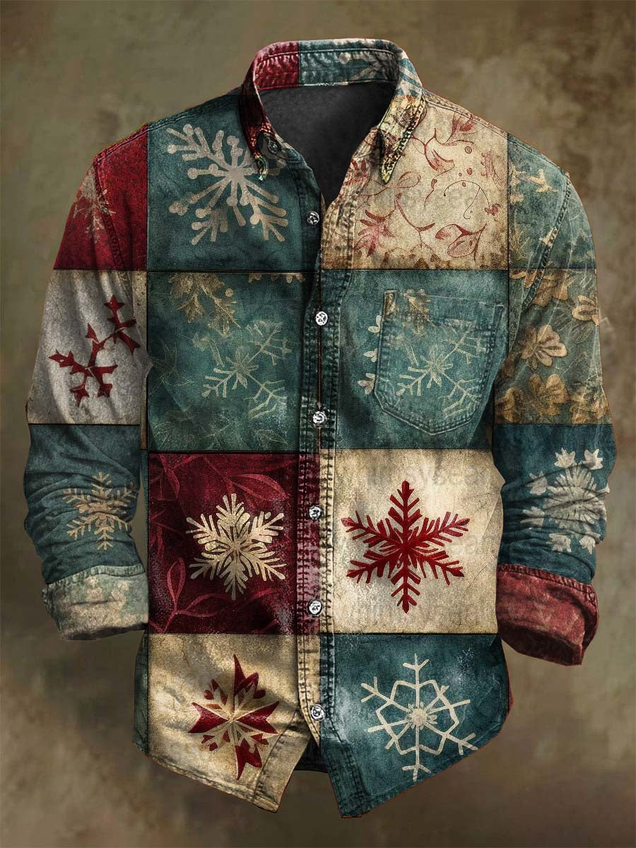 Retro Christmas Tree Snowflake Plaid Print Casual Long-Sleeve Shirt