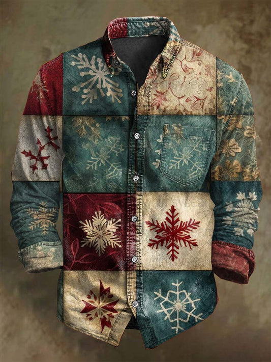 Retro Christmas Tree Snowflake Plaid Print Casual Long-Sleeve Shirt