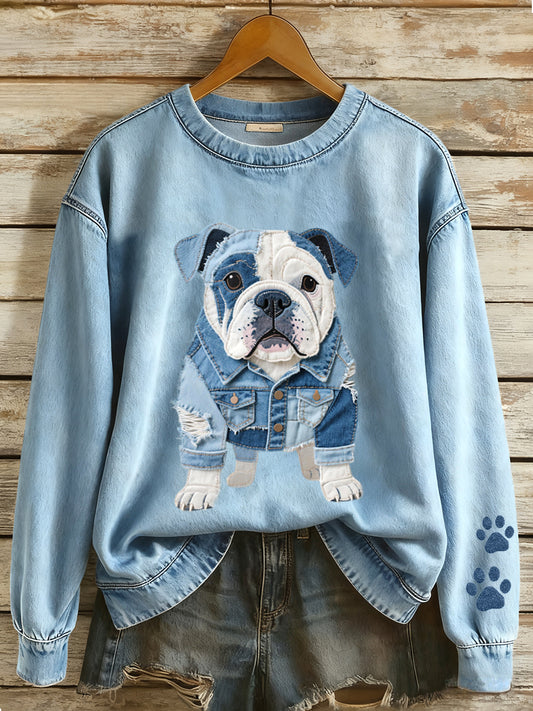 Women's Denim Patchwork Art French Bulldog Pattern Sweatshirt