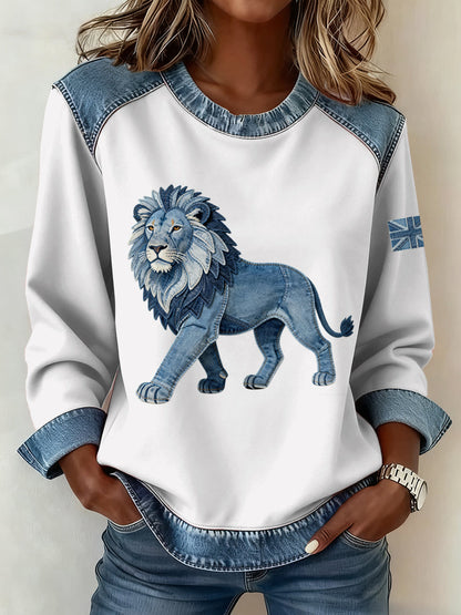 Women's British Style Denim Lion Patchwork Art Sweatshirt