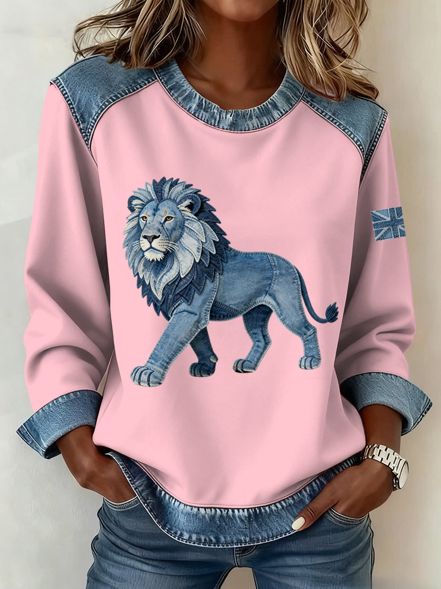 Women's British Style Denim Lion Patchwork Art Sweatshirt