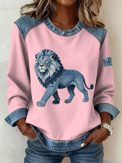 Women's British Style Denim Lion Patchwork Art Sweatshirt