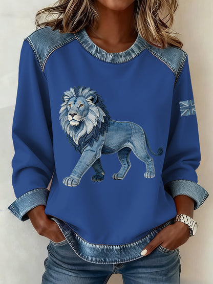 Women's British Style Denim Lion Patchwork Art Sweatshirt