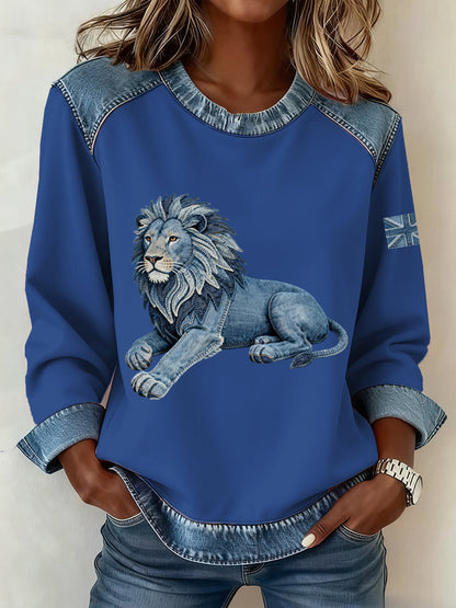 Women's British Style Denim Lion Patchwork Art Sweatshirt