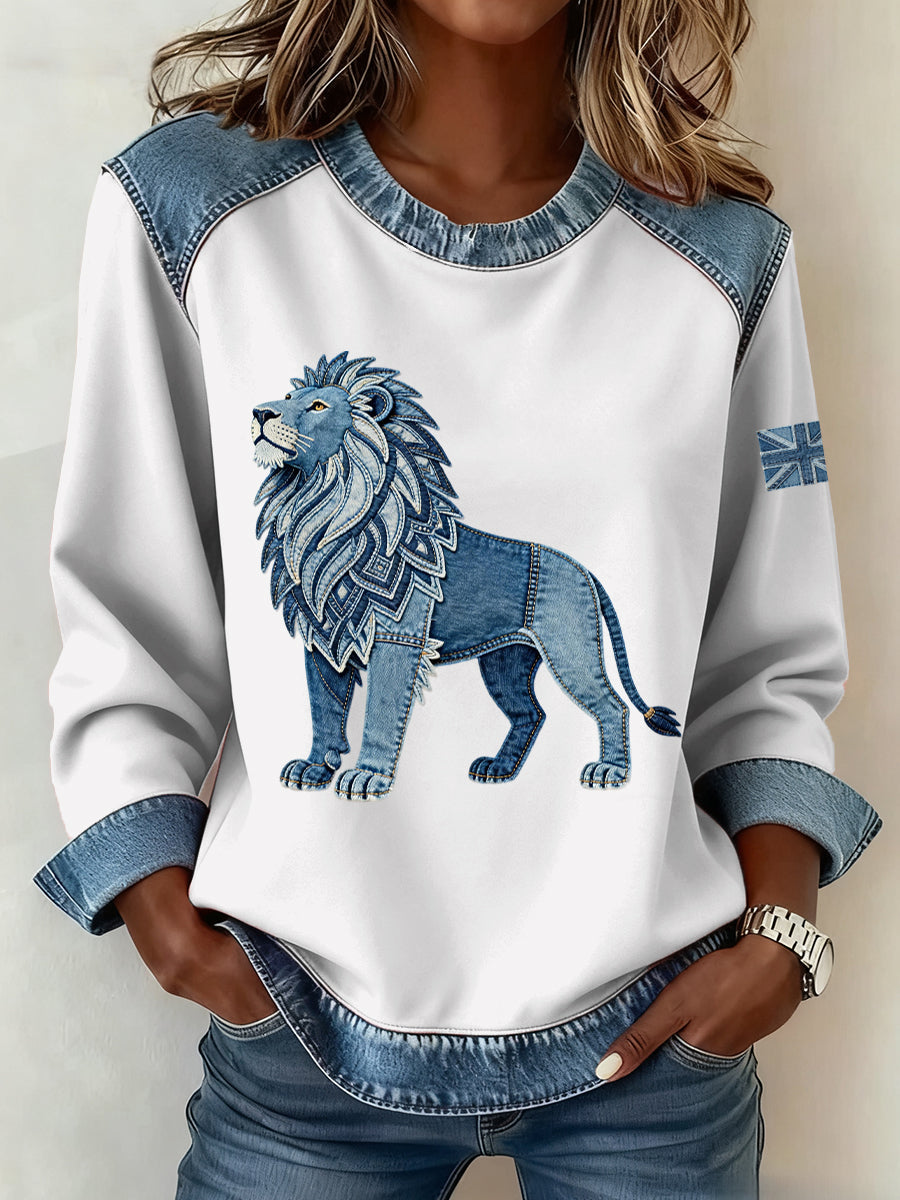 Women's British Style Denim Lion Patchwork Art Sweatshirt