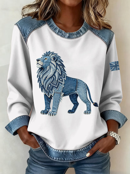 Women's British Style Denim Lion Patchwork Art Sweatshirt