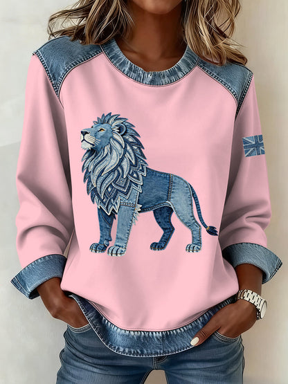 Women's British Style Denim Lion Patchwork Art Sweatshirt