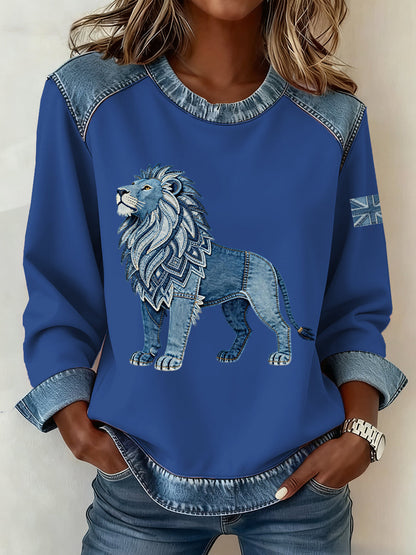 Women's British Style Denim Lion Patchwork Art Sweatshirt