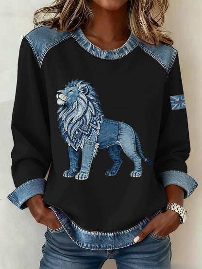 Women's British Style Denim Lion Patchwork Art Sweatshirt